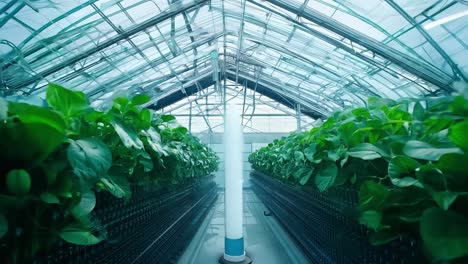 a greenhouse with rows of green plants growing inside