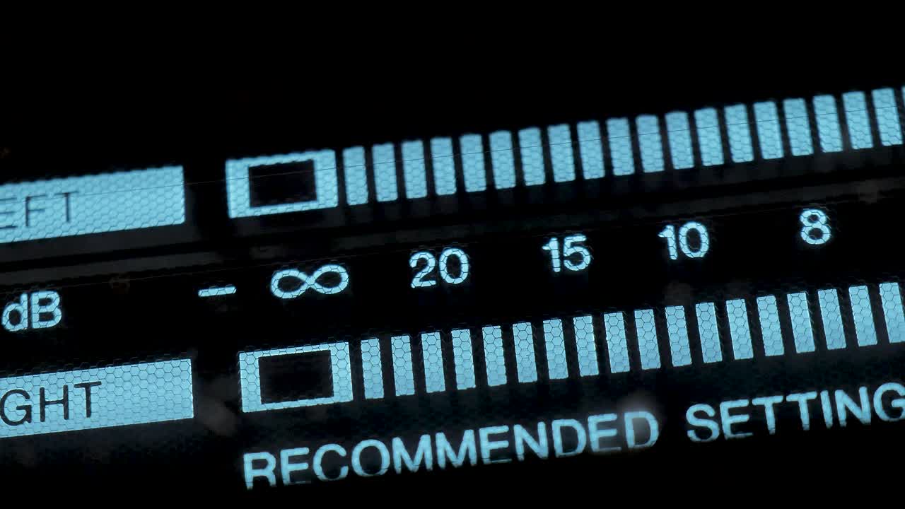 Audio signal levels monitoring audio console on classic sound amplifier. Led Vu Meter Vintage Macro.