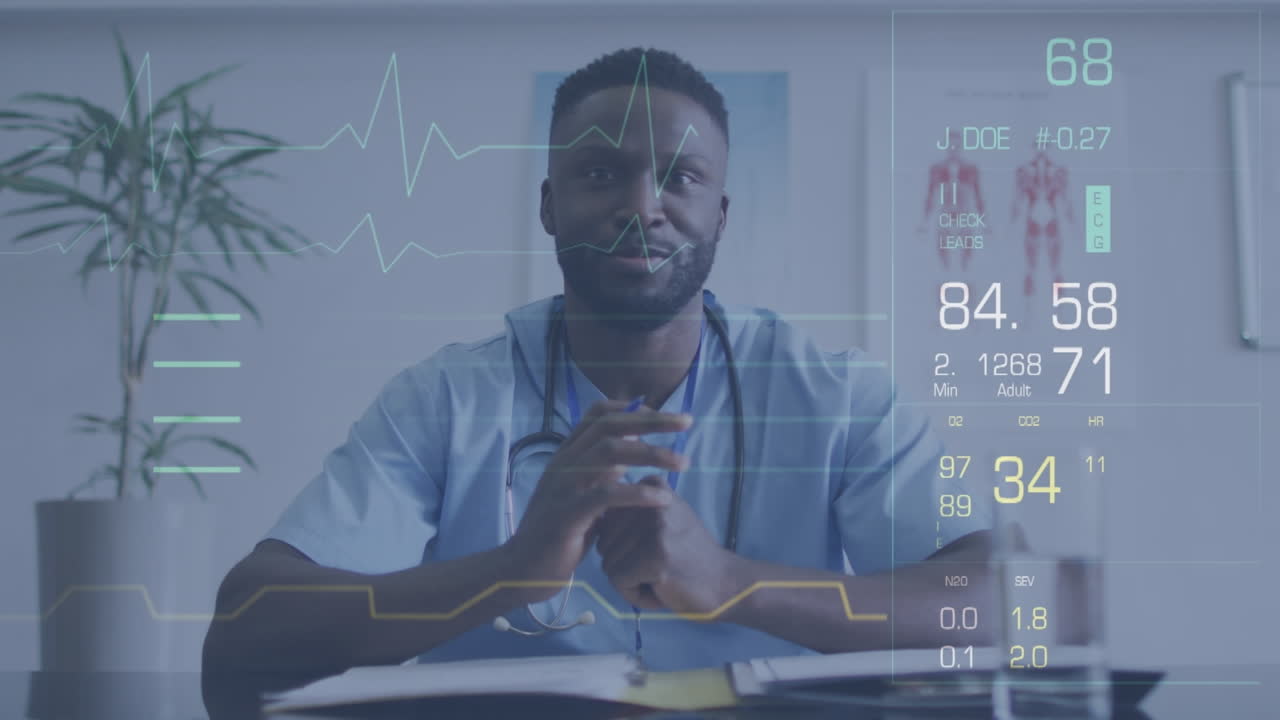 Animation of data processing over african american male doctor