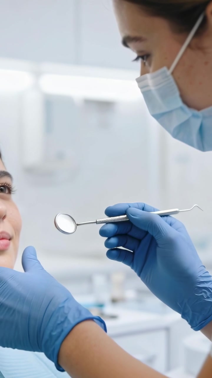 Video verticale: Dentista che porta lo specchietto e sonda i denti, indossando mascherina e guanti blu in clinica.