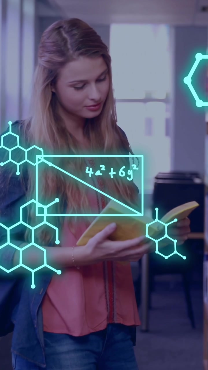 Animazione di elaborazione di dati scientifici su studentessa caucasica