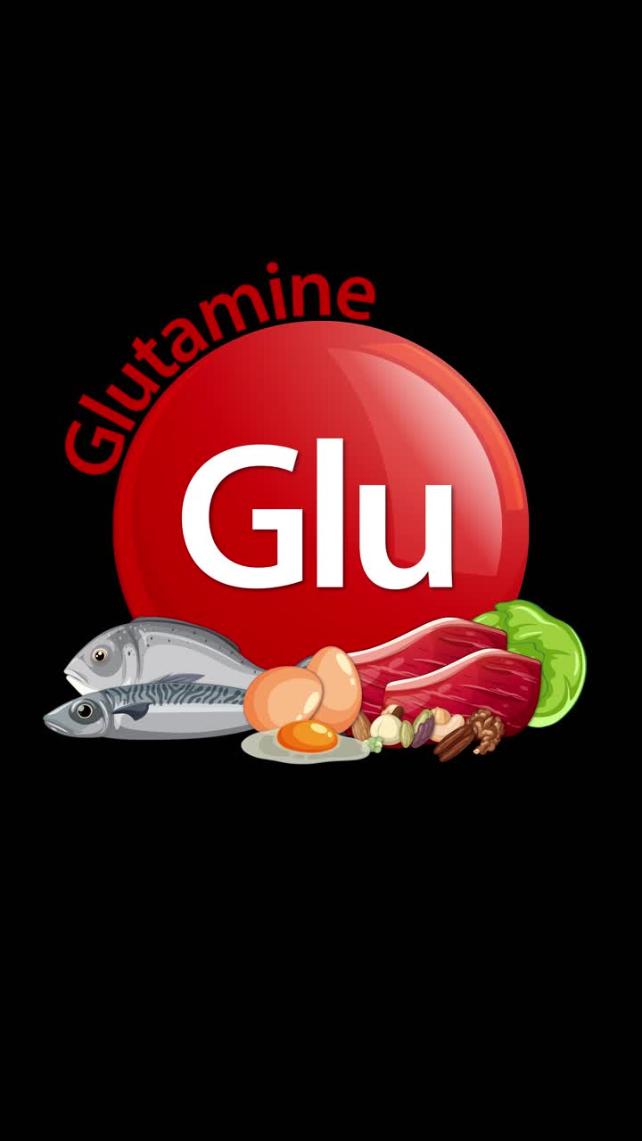 Un'icona rossa di Glu glutammina si anima mentre alimenti — pesce, uova, carne, noci e lattuga — appaiono in sequenza su uno sfondo nero, illustrando le fonti alimentari.
