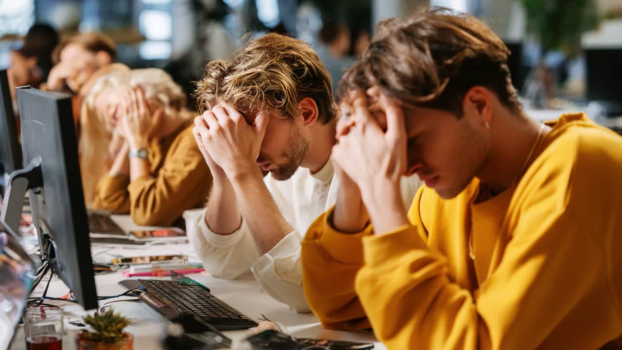 Group of Young People Displaying Signs of Stress and Frustration While Working at Desks with Computers, Conveying a Shared Sense of Overwhelming Pressure in a Collaborative Environment