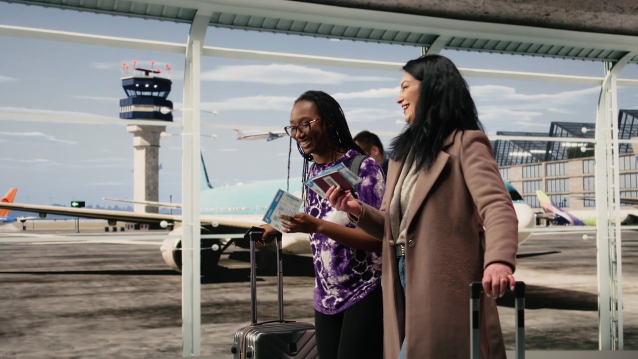 Mujeres mirando billetes de avión en la terminal del aeropuerto, viajando juntas