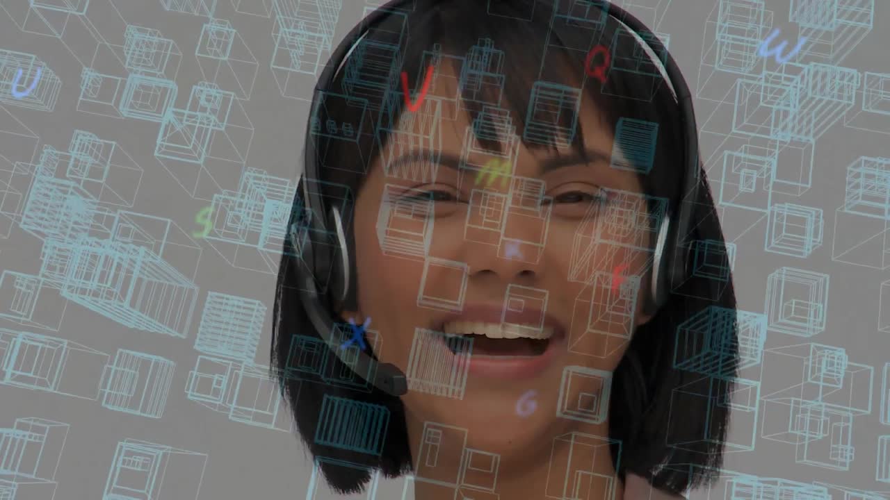 animación del paisaje urbano digital sobre una mujer de negocios con auriculares en la oficina