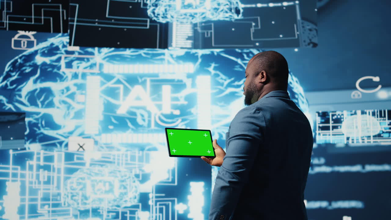 African american engineer shows tablet with isolated mockup display