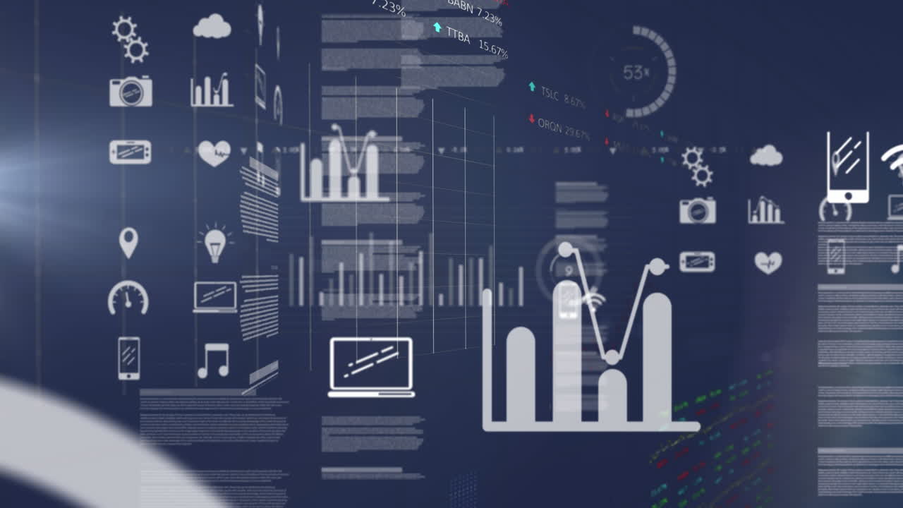 Animation of statistical and stock market data processing against blue background