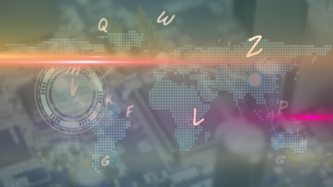 글자의 애니메이션, 렌즈 플레어, 디지털 시계, 추상적인 배경의 지도 위에 연결된 점