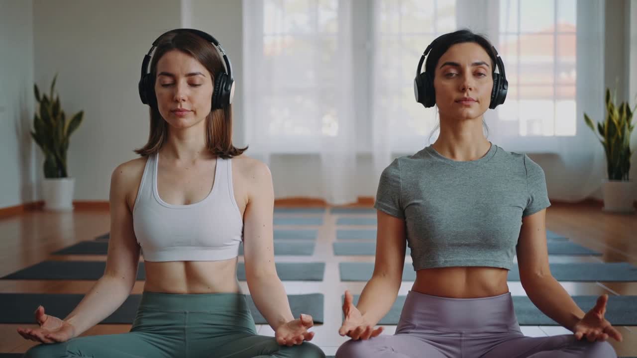 Duas yogis sentadas seguindo áudio, fazendo mudra no estúdio, usando fones de ouvido e roupa esportiva.