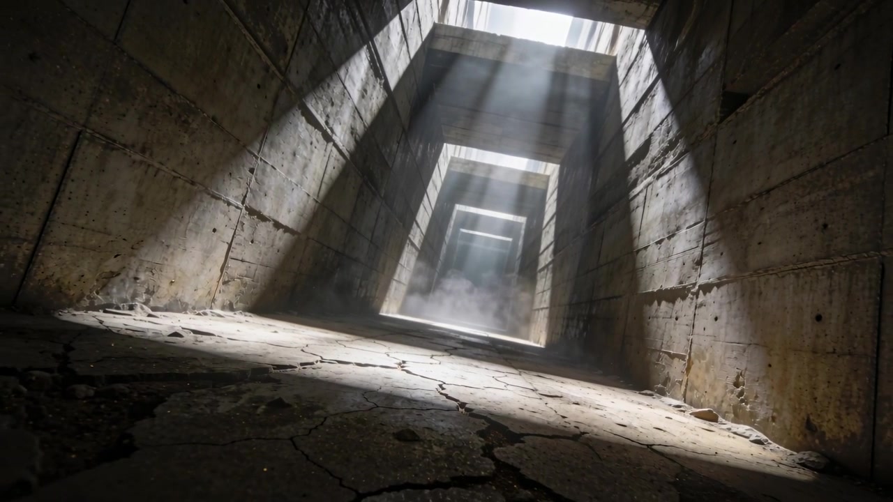 Receding concrete shaft showing sunbeams through overhead gap, repeating openings, dust rising