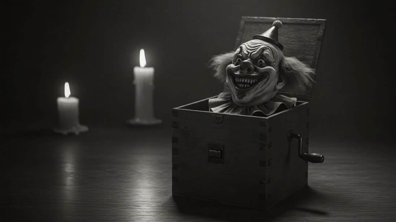 A sinister clown emerges from an old jack-in-the-box, surrounded by flickering candles, casting eerie shadows in a dimly lit room that evokes a sense of fear and curiosity