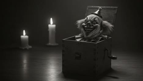 a sinister clown emerges from an old jack-in-the-box, surrounded by flickering candles, casting eerie shadows in a dimly lit room that evokes a sense of fear and curiosity