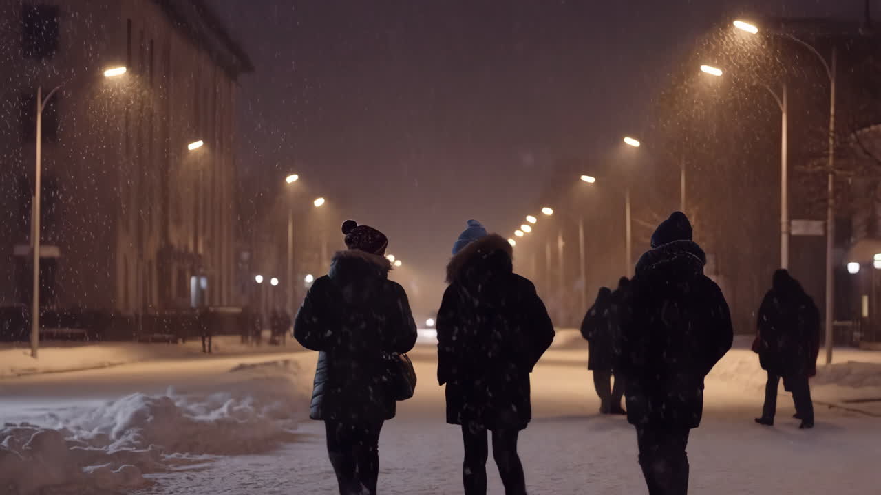 People walking on a snowy street at night