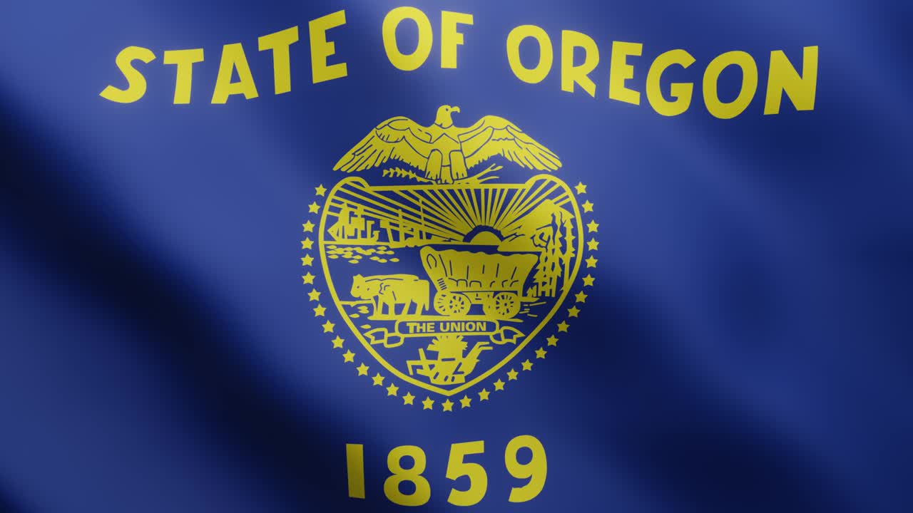 la bandera del estado de oregón 3d está revoloteando en el fondo de la brisa. clip de video animado 4k que se enlaza de una manera realista