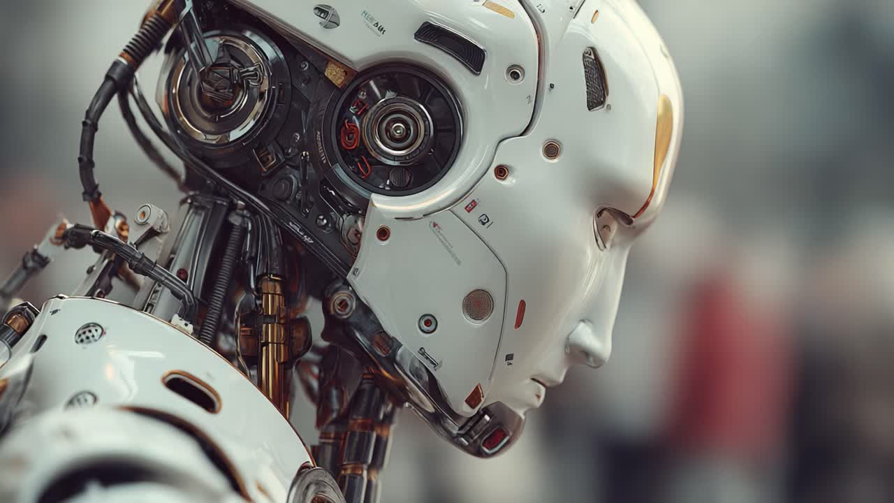 A Detailed Close-Up of a Futuristic Robotics Head Displaying Advanced Technologies and a Sleek Design, Highlighting Human-Like Features and Mechanical Complexity