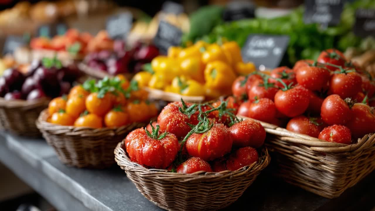 Vibrant Display of Fresh Organic Tomatoes and Peppers in Baskets at a Local Market, Showcasing the Richness of Nature's Produce and Alluring Colors