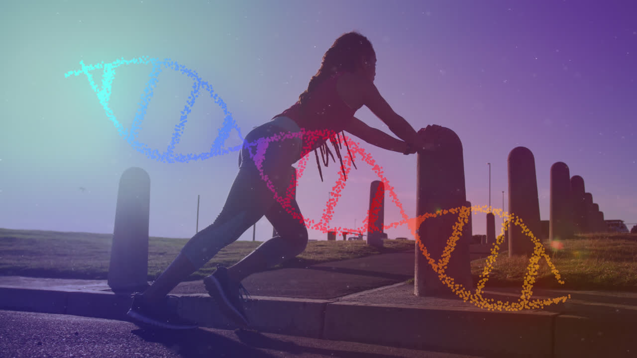 공원에서 운동하는 두 인종의 여성에 대한 dna 가닥의 애니메이션