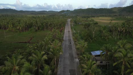 Siargao,-Filipinas,-Camino,-Con,-Palmeras,-Ambos,-Lado,-Drone,-Pan,-Arriba,-Video