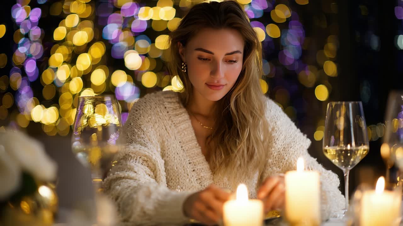 Una serata serena: una donna si gode una cena a lume di candela circondata da luci soffuse e colorate, irradiando tranquillità e godendosi il calore di una buona compagnia in una notte magica