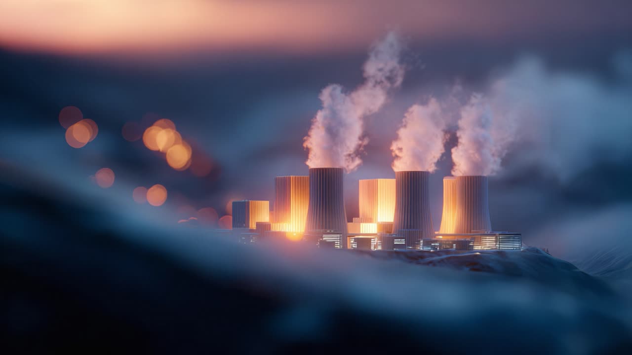 Torri di raffreddamento illuminate che emettono vapore contro un cielo crepuscolare, mettendo in risalto la maestosa architettura dei moderni impianti di produzione di energia.
