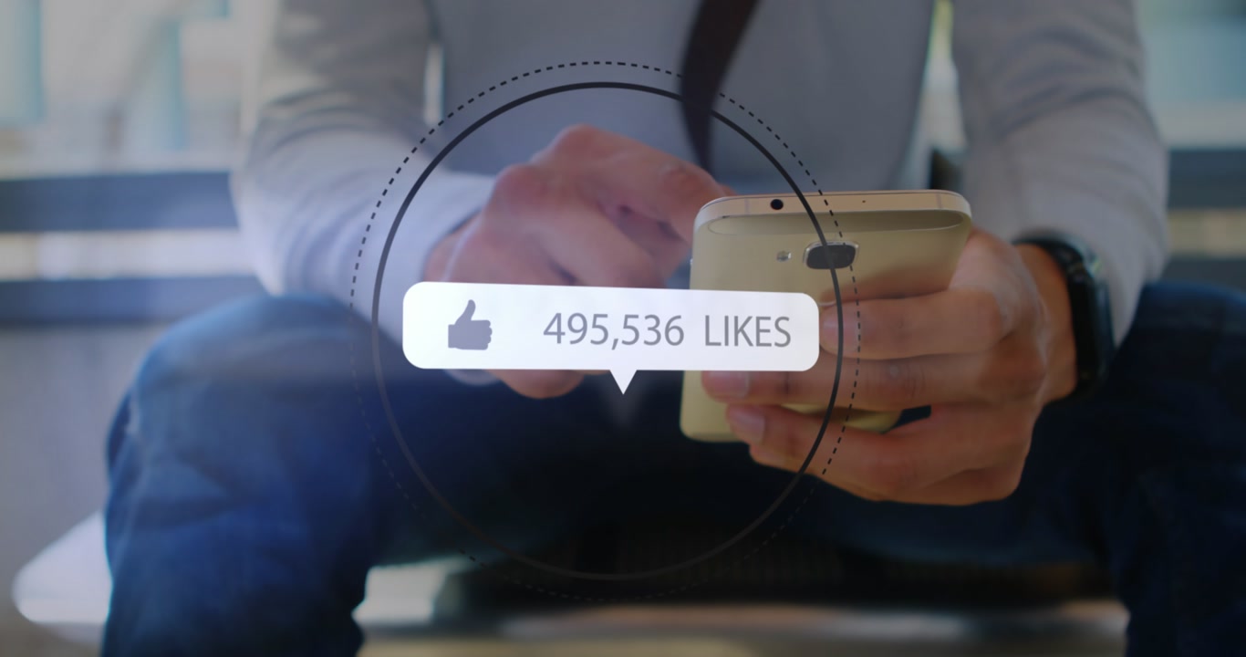 Animation of likes icon with increasing numbers over midsection of businessman using cellphone