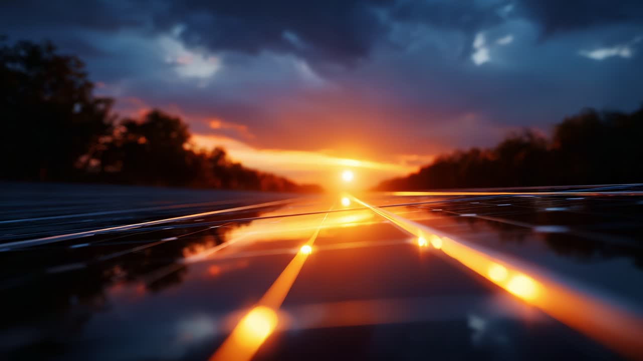 Tramonti mozzafiato che si riflettono su una strada tranquilla, con colori vibranti e cieli suggestivi, catturati con dettagli e prospettive incredibili in due fotogrammi