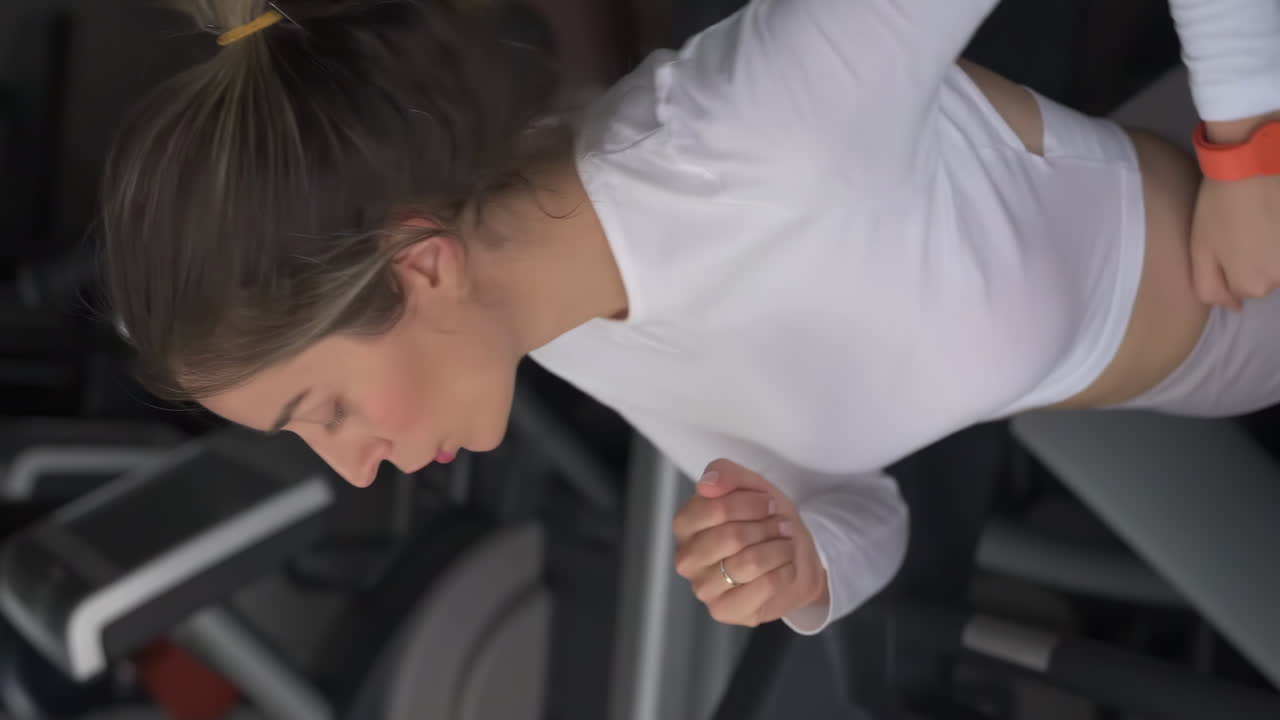 Woman in white activewear running on the treadmill at the gym. Vertical