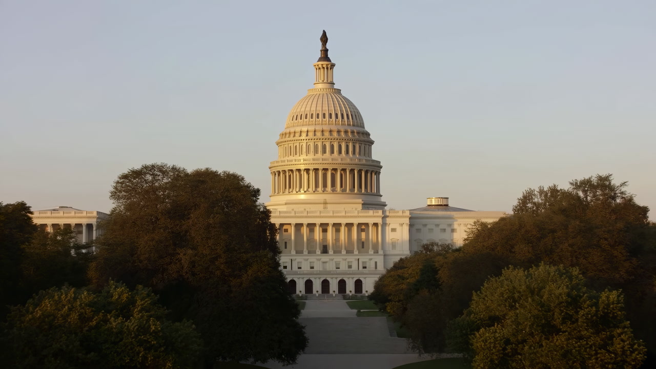 Sunlit Us Capitol Dome At Dawn, Aerial Drone View Of Neoclassical Dome And Marble Facade Framed By Trees