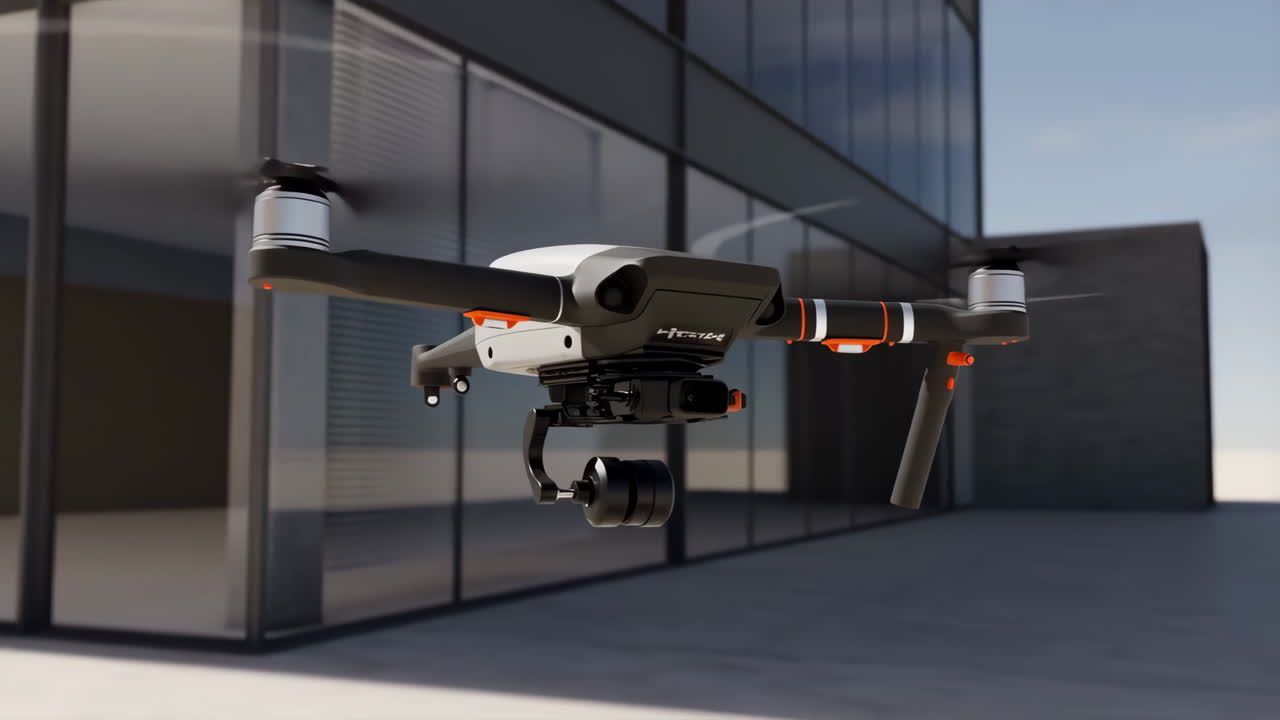High-Tech Drone Flying in Front of a Modern Glass Building