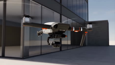 high-tech drone flying in front of a modern glass building