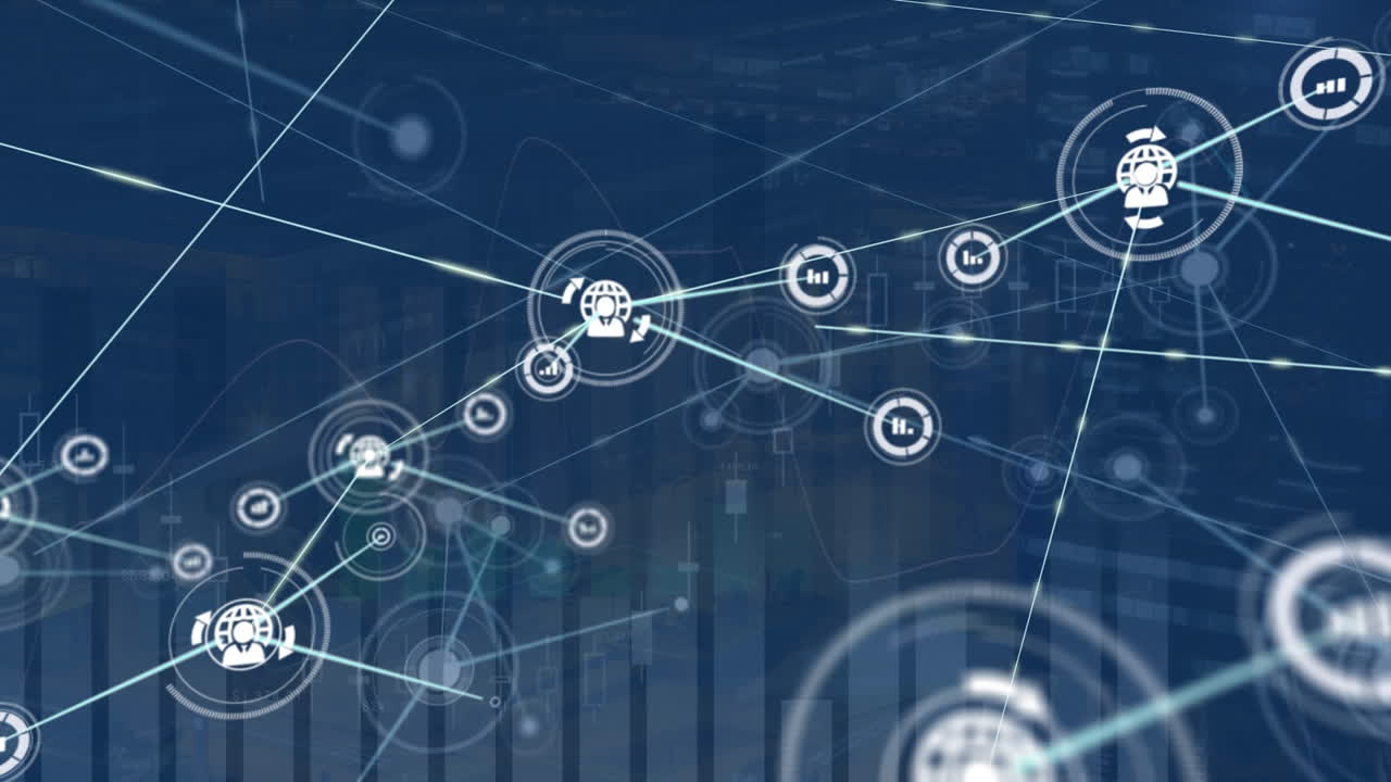 Animation af netværk af forbindelser med ikoner og databehandling over bybillede