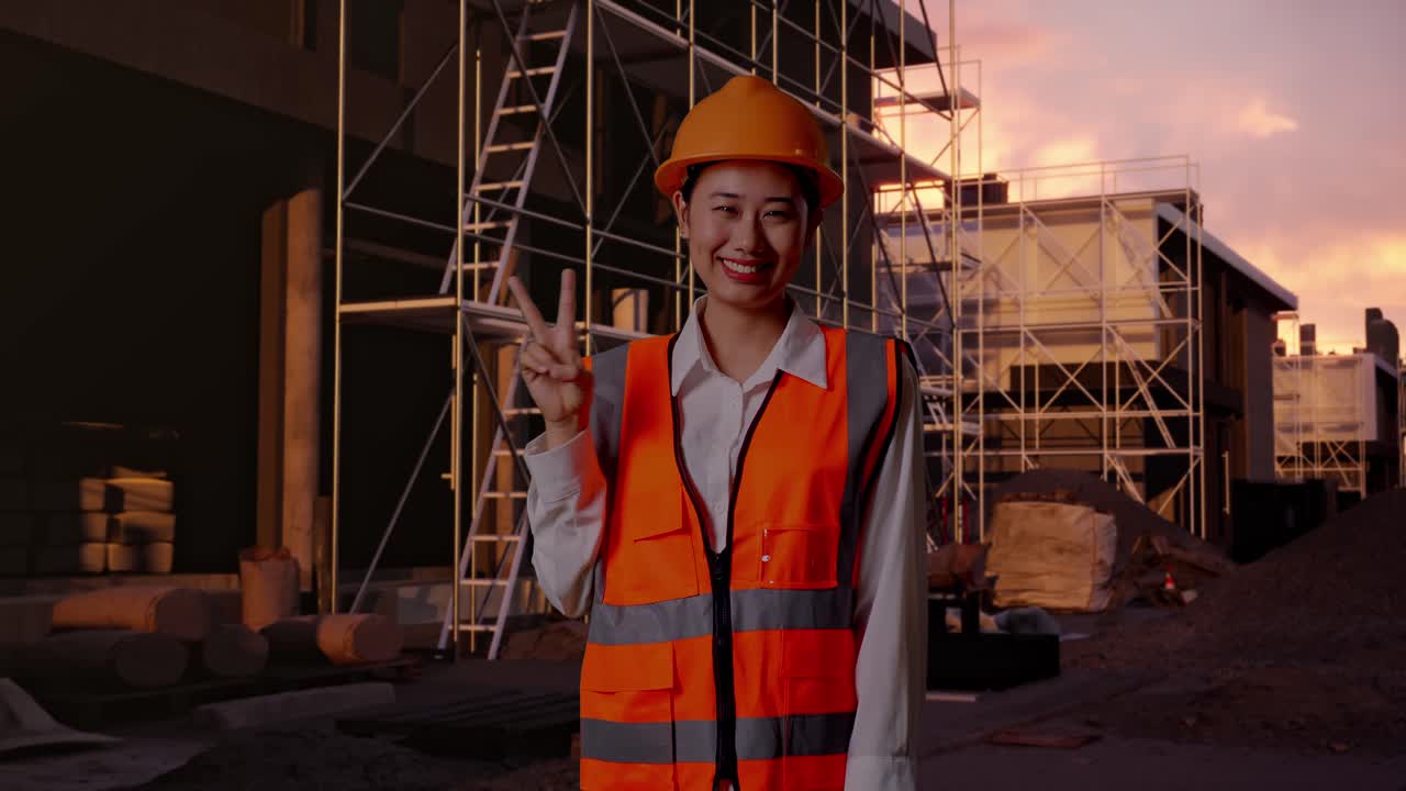 Asian Female Engineer With Safety Helmet Smiling And Showing Peace Gesture While Standing At Construction Site in Progress to New House