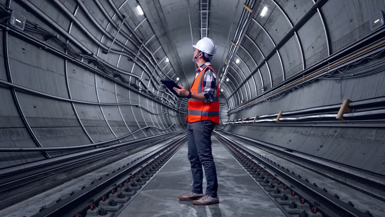 Full Body Side View Of Asian Male Engineer With Safety Helmet Looking At The Tablet In His Hand And Looking Around While Standing In Underground Subway Tunnel
