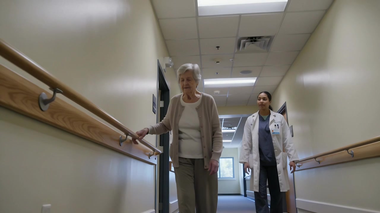 Paciente idoso caminhando segurando o corrimão esquerdo na enfermaria para teste de marcha, clínico de jaleco monitorando