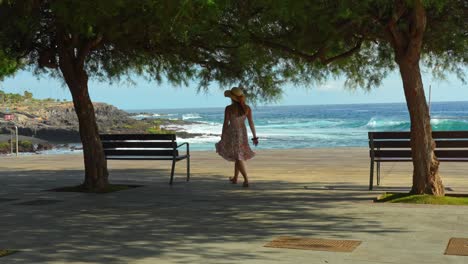 beautiful woman with summer dress walking near tenerife coast, back view