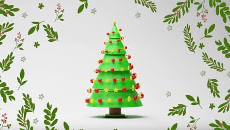 Animation-Von-Blättern-über-Dem-Weihnachtsbaum-Auf-Weißem-Hintergrund