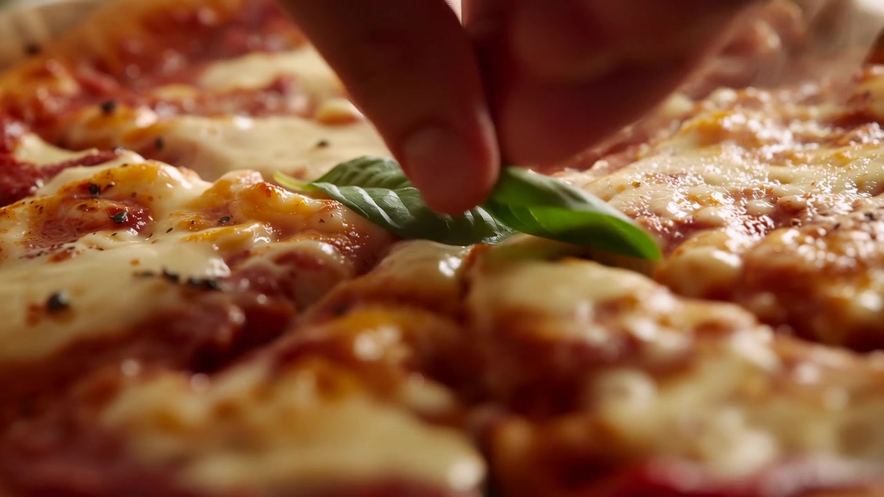 Mano che entra dall'alto a sinistra posizionando una foglia di basilico su una pizza al formaggio sul bancone, guarnendo per servire.