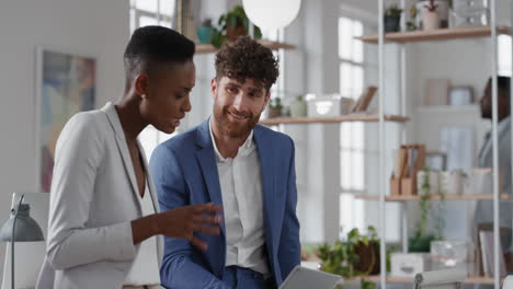 mujer de negocios afroamericana líder de equipo de lluvia de ideas con un colega usando una computadora portátil mostrando ideas apuntando a la pantalla trabajando juntos en la oficina