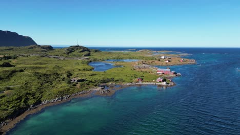 small fishing farm at lofoten islands in norway - aerial