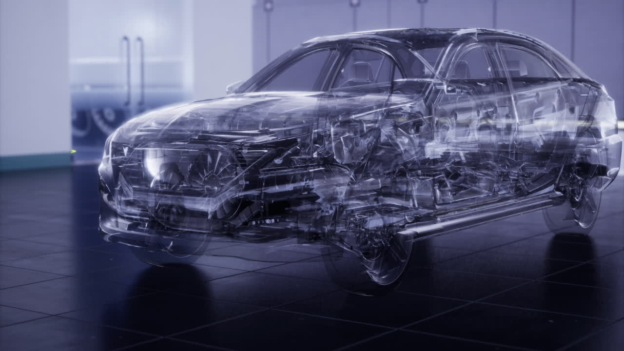 Transparent vehicle reveals intricate internal components in modern workshop