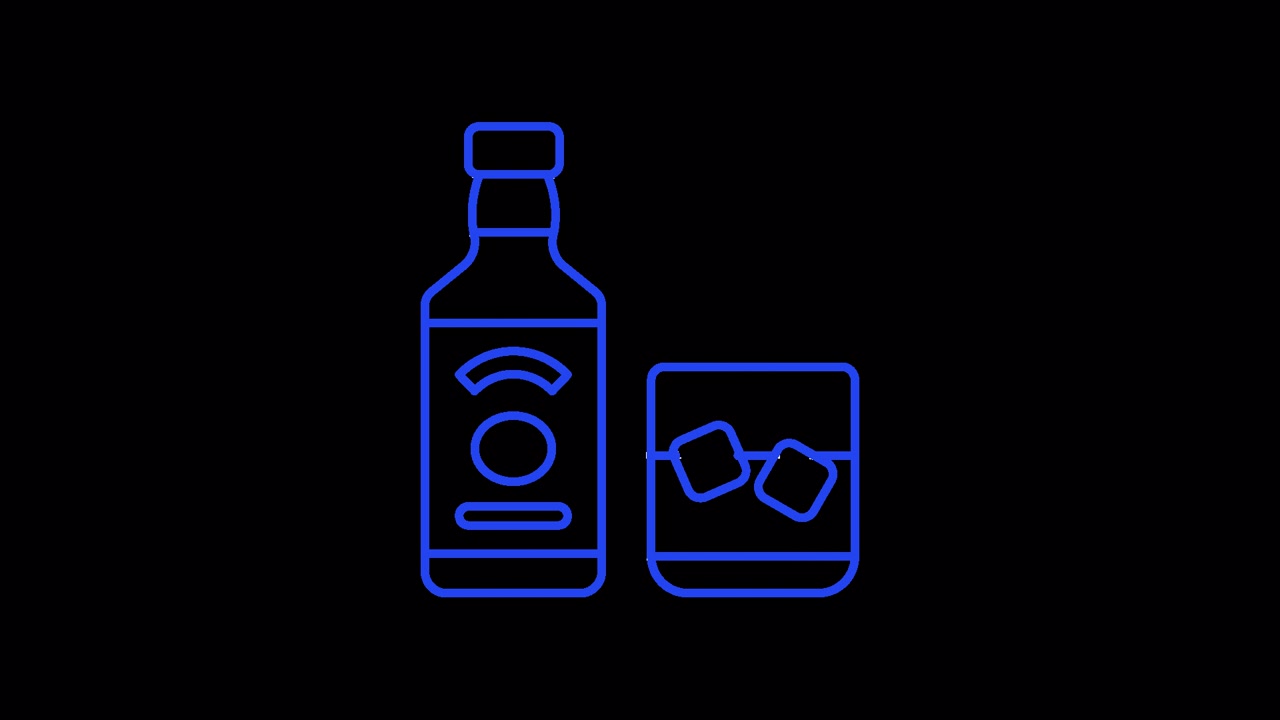 Animated Blue Outline of an Alcohol Bottle and Glass with Ice