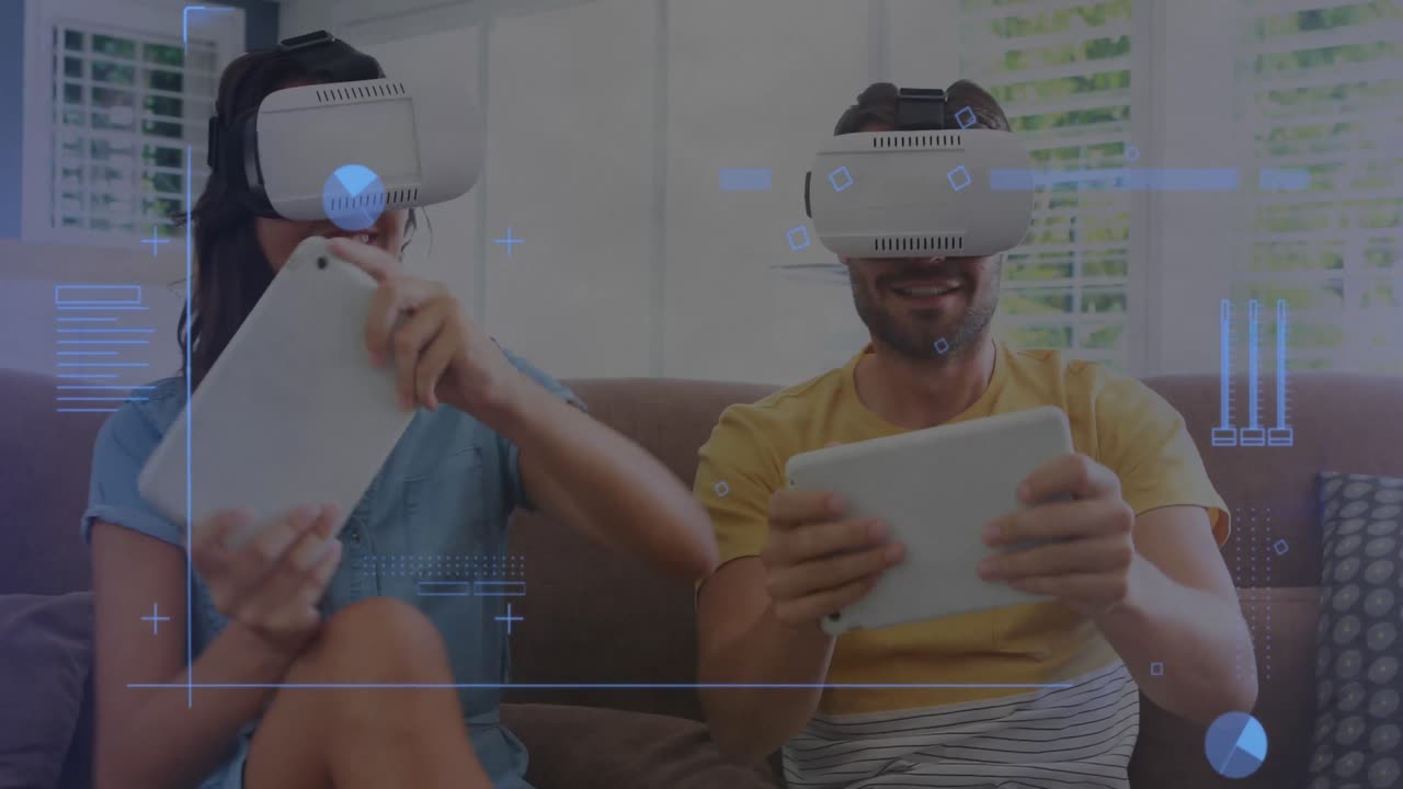 Animation of data processing over couple wearing vr headsets and holding tablets
