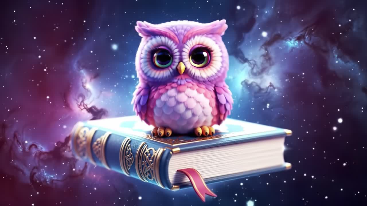A Whimsical Cosmic Owl Perched on a Colorful Book Surrounded by a Stellar Galaxy, Capturing the Imagination with Its Bright Colors and Enchanting Eyes