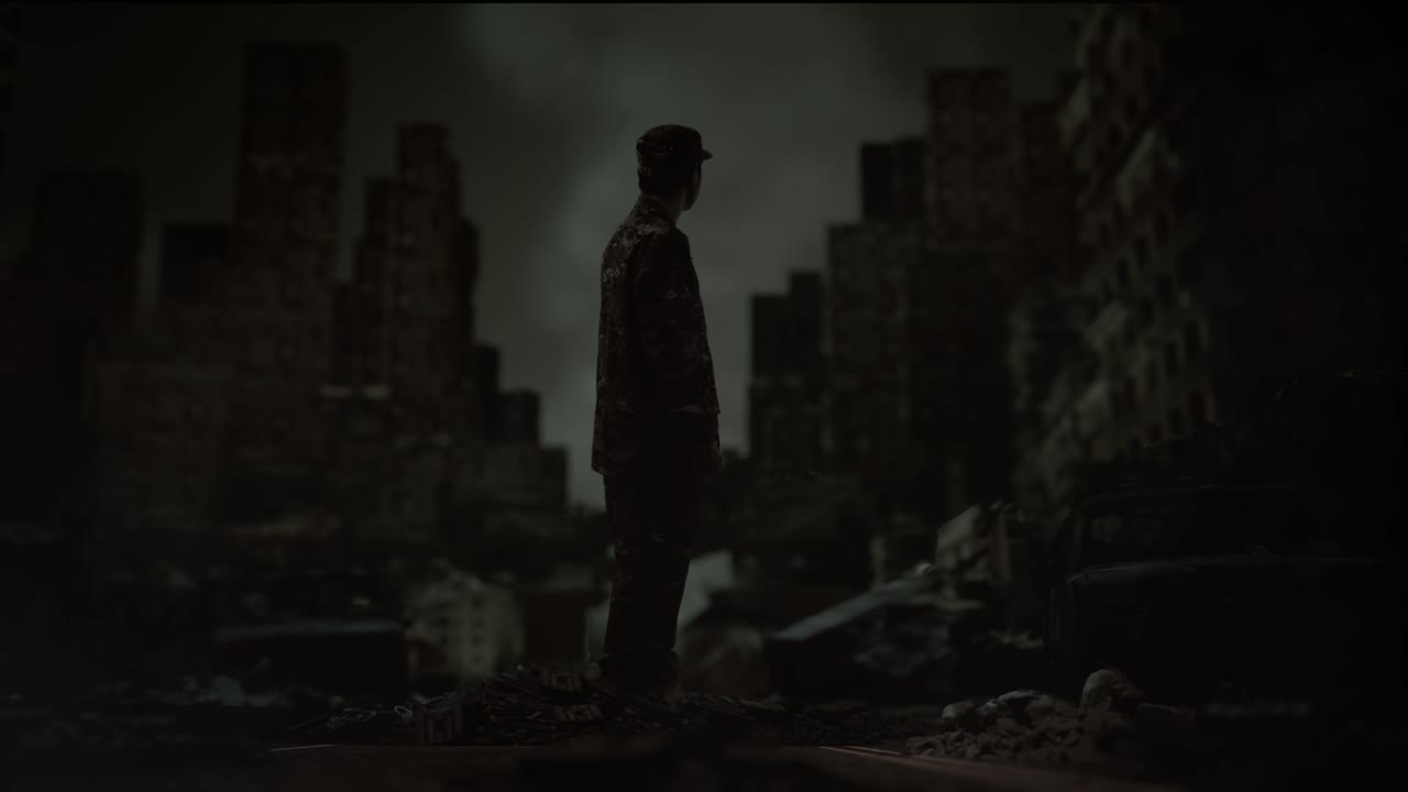 전쟁 후 폐허가 된 도시 한가운데에 서 있는 아시아 남성 군인의 전체 측면 뷰