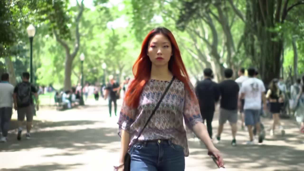In a vibrant park filled with people enjoying the outdoors, a young woman strides with confidence, showcasing her style and presence amidst the lively atmosphere.