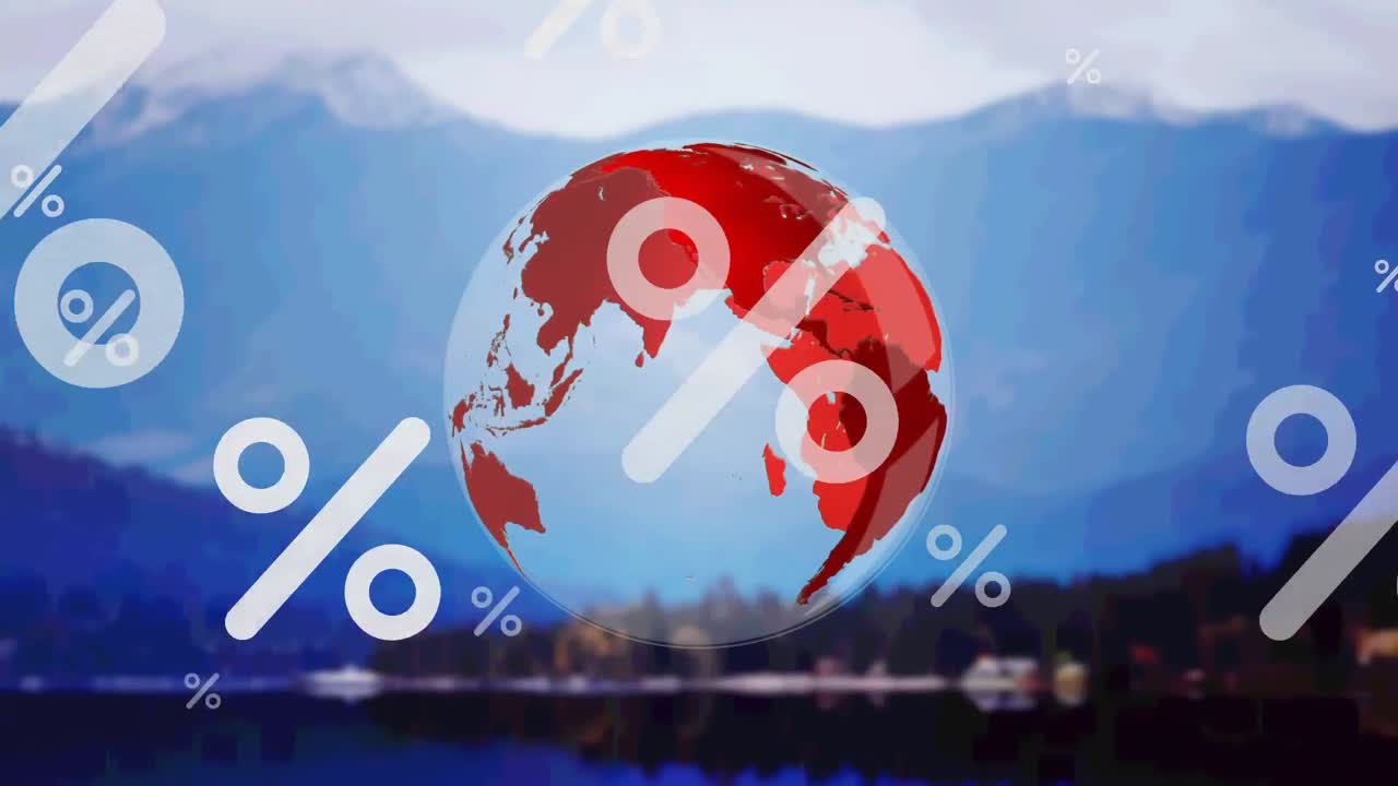 animación de símbolos de porcentaje y globo girando en el paisaje