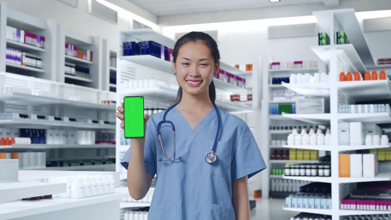 초록색 화면 전화로 약국에서 웃는 간호사/의사