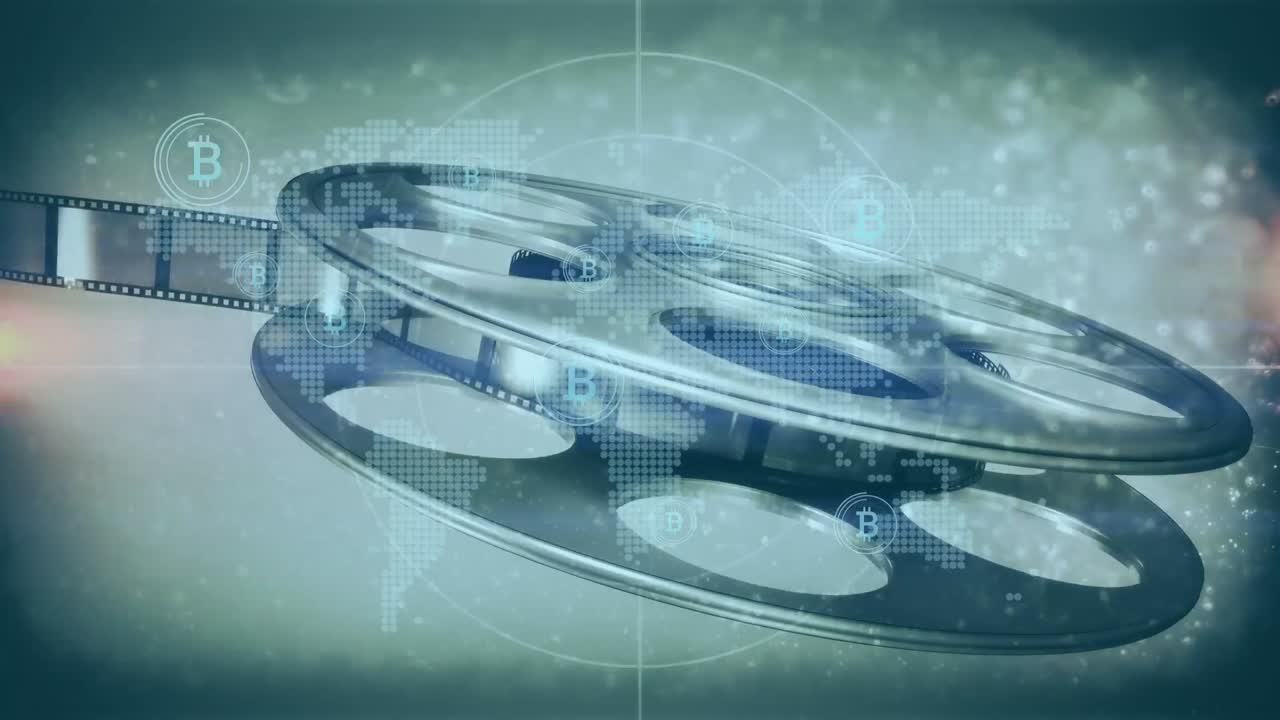 세계 지도와 비트코인 위에 있는 글리치와 테이프 릴의 애니메이션