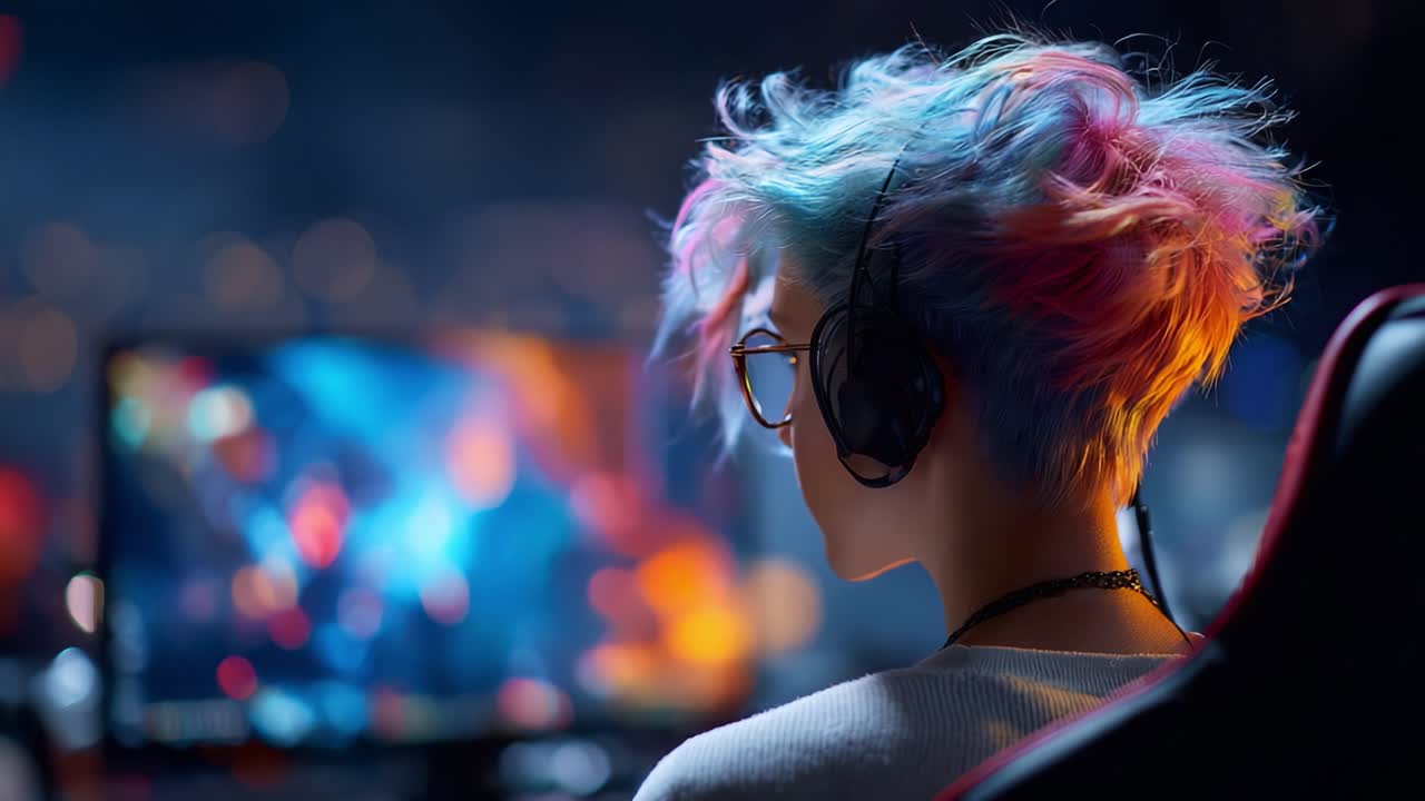 Immersed in Gaming: A Focused Individual with Vibrant Hair and Headset Captured in Two Stages of Gaming Engagement, Highlighting the Intense Gaming Atmosphere and Concentration