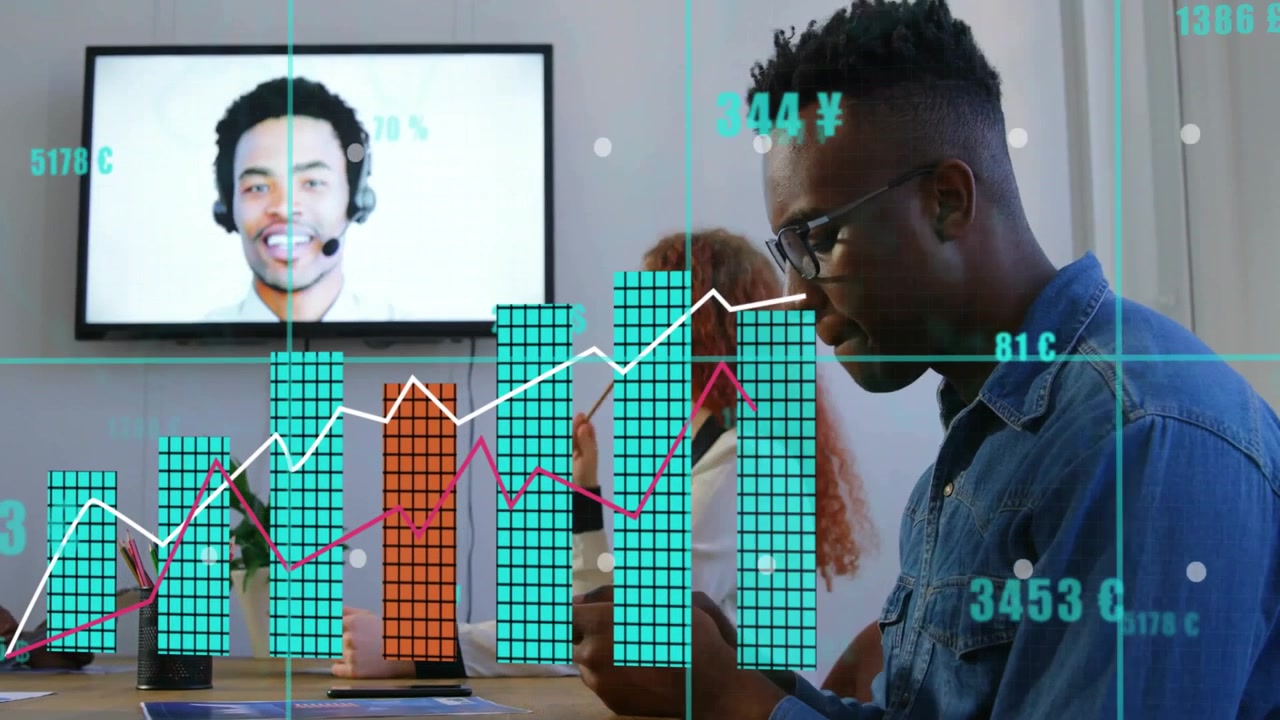 Business Team in Video Conference with Financial Data Overlay